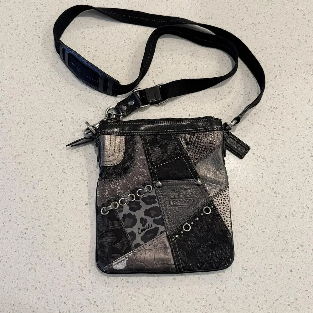 Vtg Coach Patchwork Crossbody Bag Small Black Leopard Leather Studded 42070 Y2K